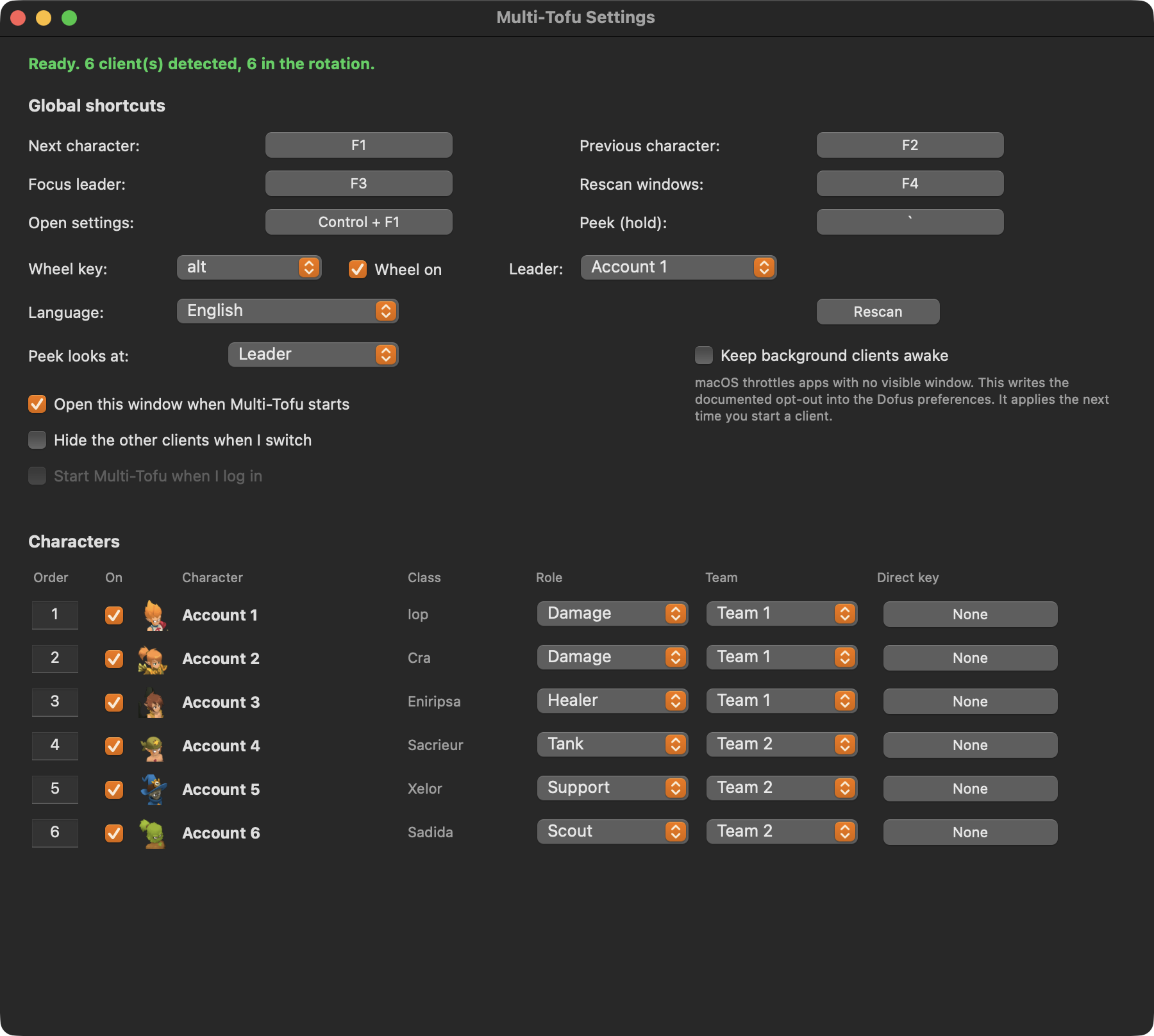 The Multi-Tofu settings window showing shortcuts and the detected character list